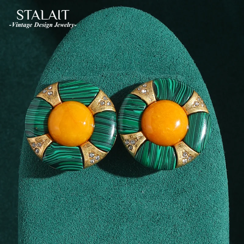 

Vintage Round Green Malachite Studs Earrings Bohemian Jewelry Yellow Natural Stone Luxury Woman Antique Gold Color Accessories