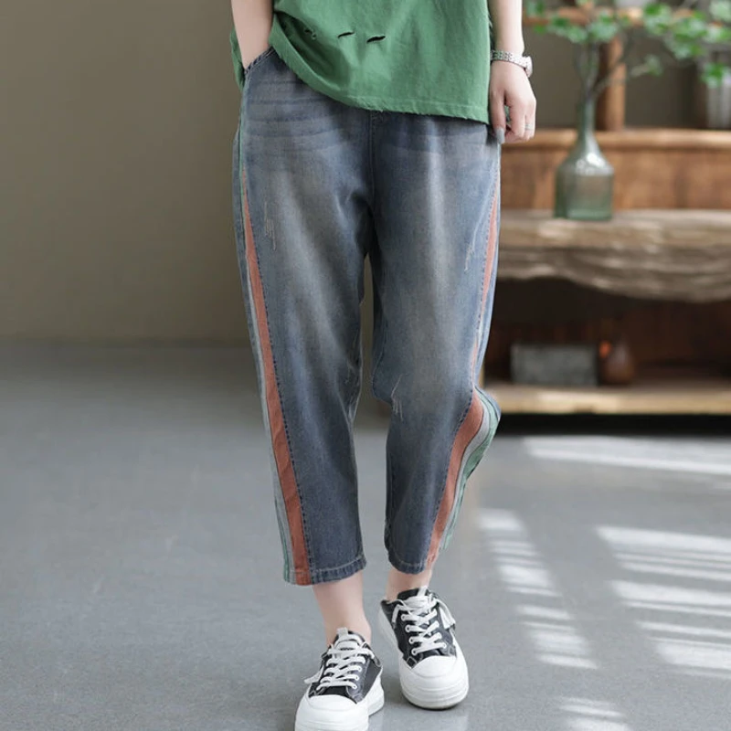 

Vintage Baggy Jeans For Women Summer Y2k Streetwear Contrast Color Contrast Loose Pockets Elastic High Waist Denim Pants Female