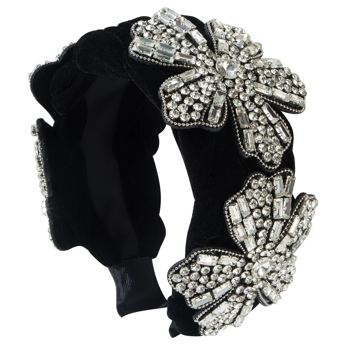 Retro Handmade Sewing With Three Flowers Inlaid With Rhinestones, English Letters, Heart-Shaped Accessories, Super Headband