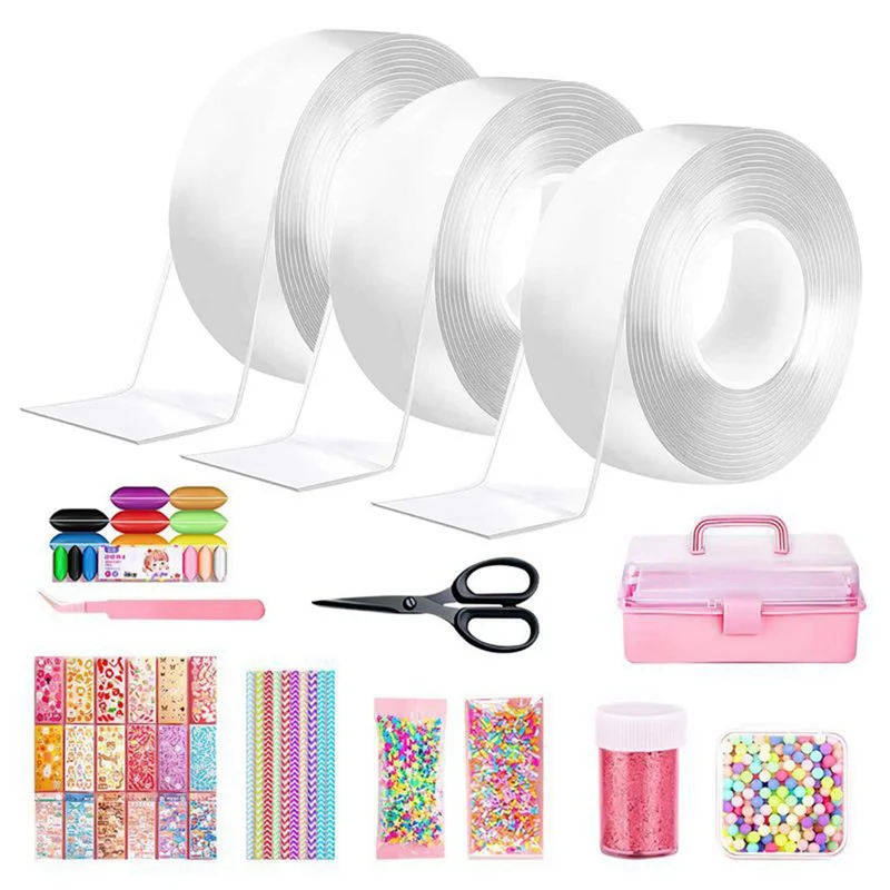 

X55A-Nanos Bubble Balloon Tape Kit with Glitter Tweezer Fidget DIY Elastic Nano Tape Double Sided Bubblable Tapes