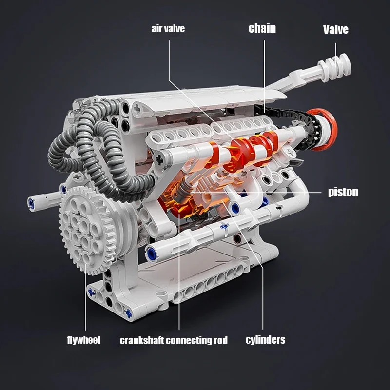 V6 Engine Model Simulation Car Engine Movable Assembly Building Block Kit Model Experiment Toy