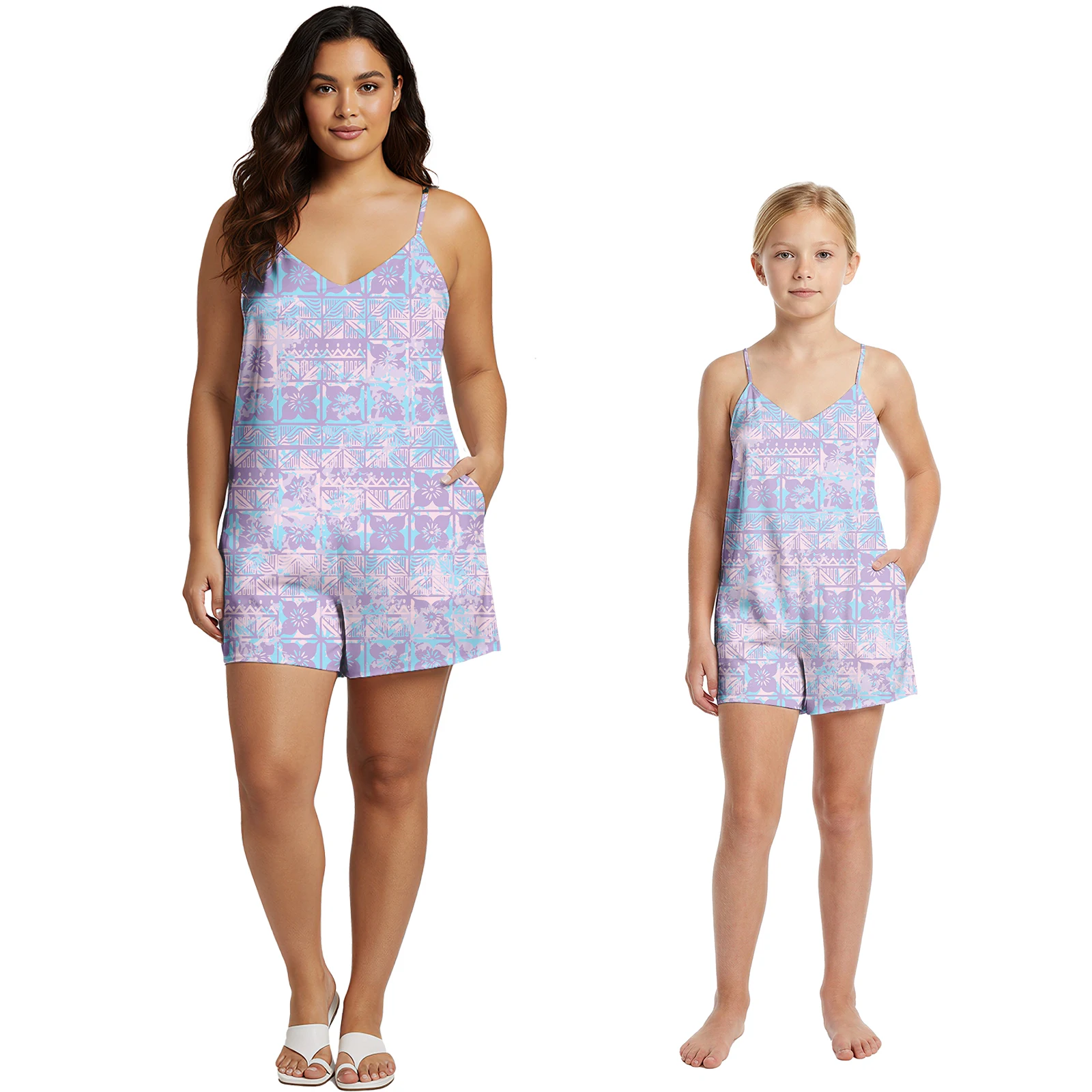 Beach Party Holiday Mother Daughter Custom Jumpsuits Lovely Girls Samoan Tribal Playsuits Hibiscus V-Neck Hawaiian Romper Women