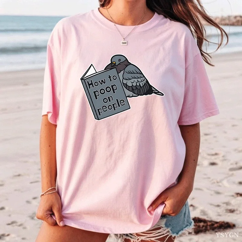 Pigeon T-Shirt How To Poop on People Tshirt Funny Bird Meme T Shirt Casual Pullover Round Neck Tshirts Man Clothes Streetwear