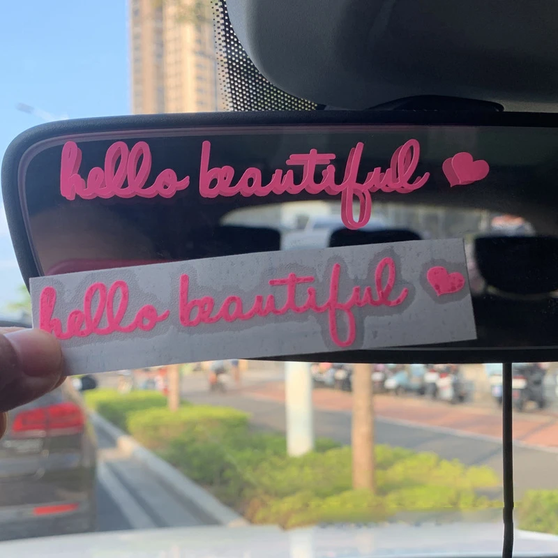 Hello Beautiful Car Rear View Mirror Decal Car Stickers Interior Decor Cute Accessories Gifts For Her Positive Laptop Decal