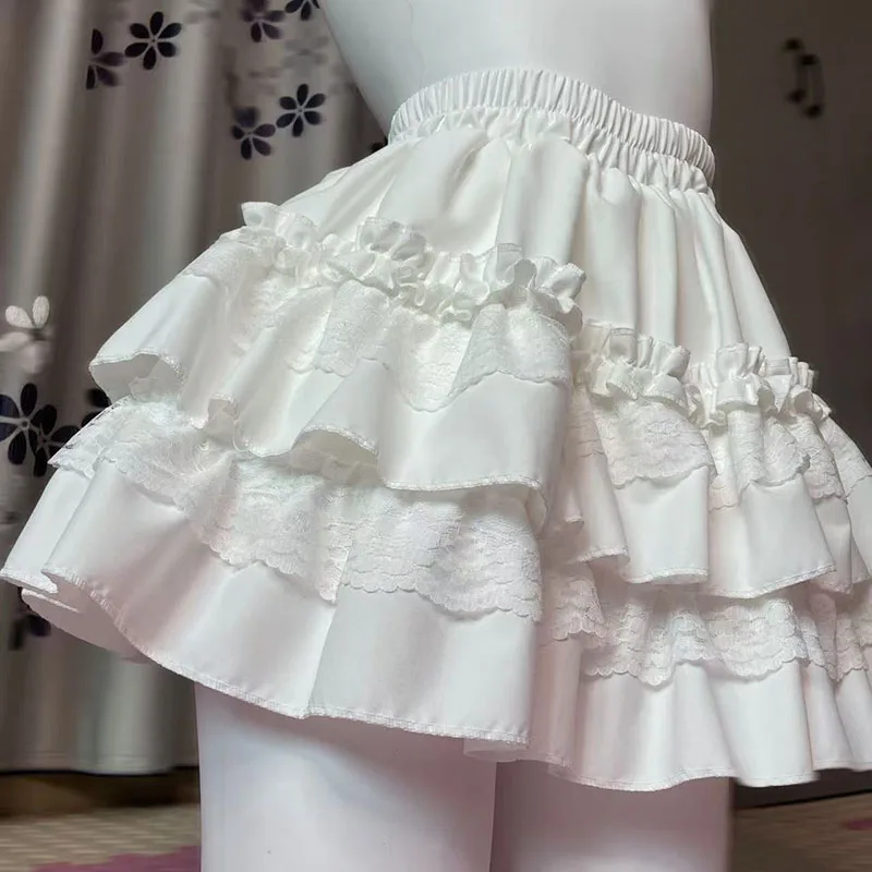 Sweet Lace Ruffle A-Line Mini Skirt High Waist Fluffy Cake Skirts Short Skirt Casual Lolita Safety Shorts Pants Gothic Punk Y2K