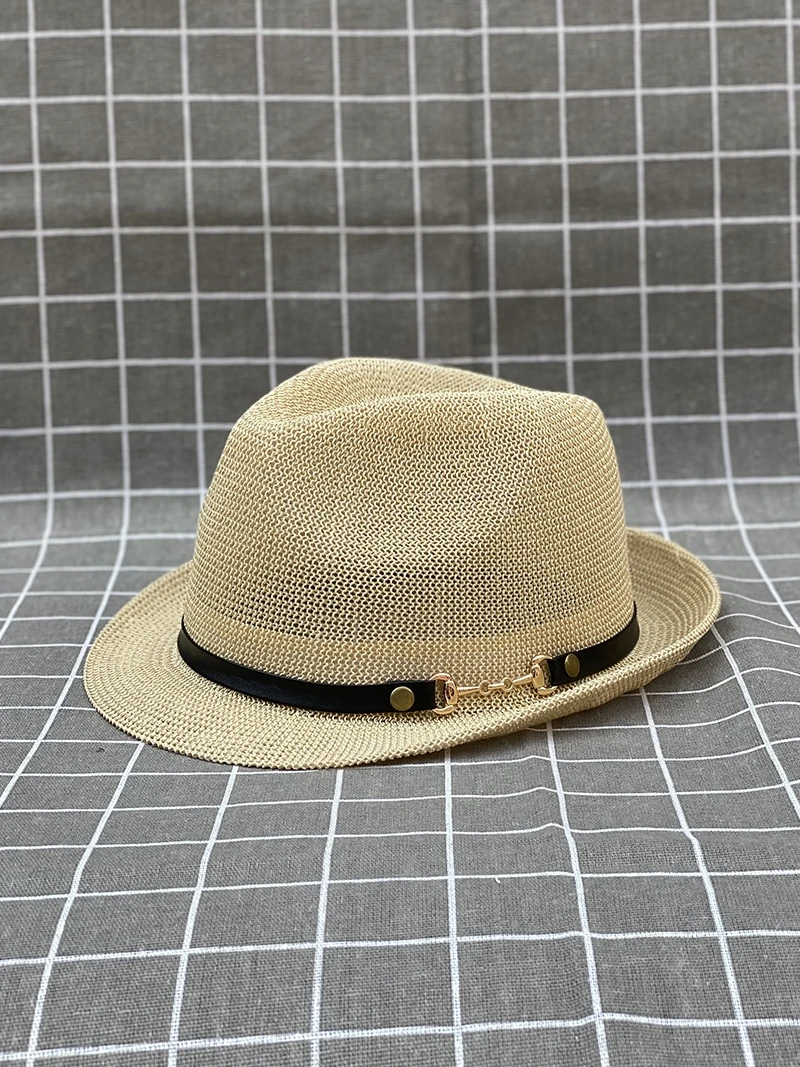 

Men Women Summer Hat British Style Small Jazz Hollow Breathable Leather Strap for Outdoor Travel Stage Performance