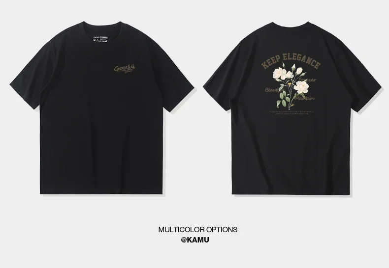 

Cotton Short-sleeved Cotton Printed Men's T-shirt Summer Cotton Cool Trendy Lapel Short-sleeved Handsome Men's and Women Flowers