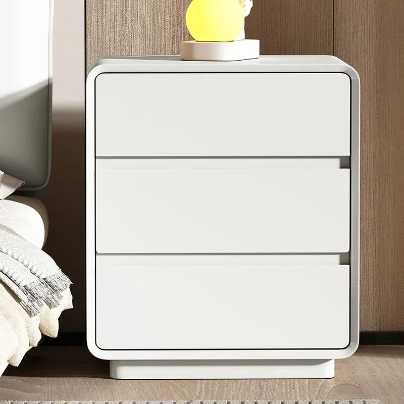 Modern Solid wood paint bedside table, bedroom home installation-free three-layer storage cabinet sturdy and durable