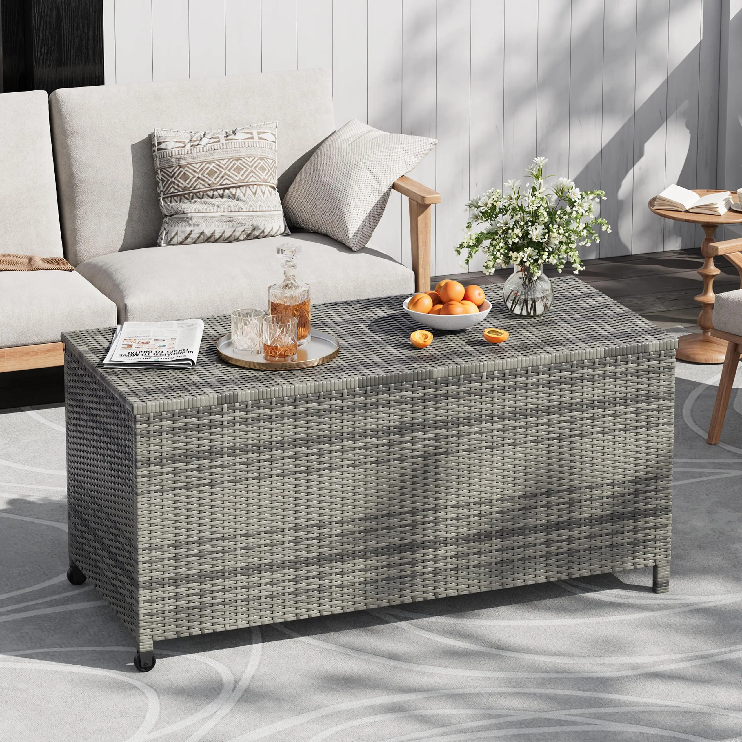 Large Patio Deck Box 125 Gallon Rattan Storage Trunk With Wheels All-Weather Outside Organizer Box For Pool Floats Tools