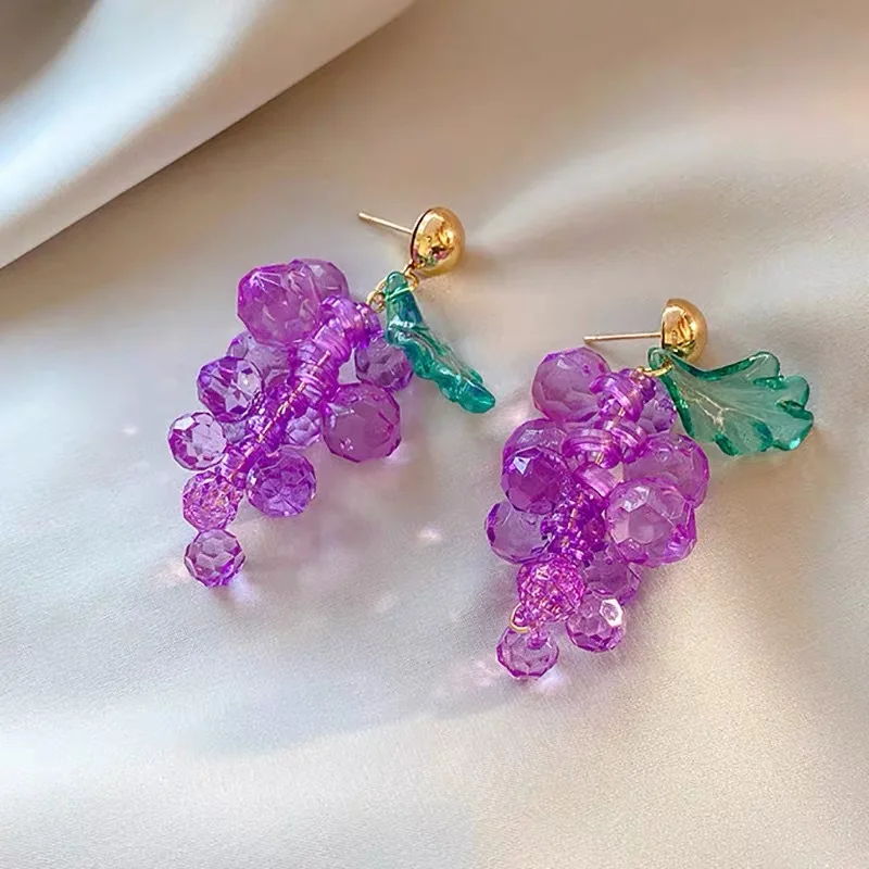 

Summer Korean Purple Fresh Sweet Grape Earrings for Women Girl Fruit Dangle Earrings Temperament Personality Ear Rings Women