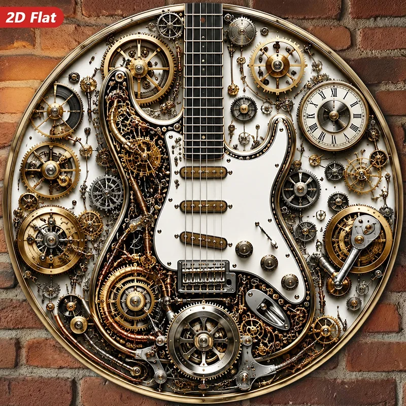 Vintage Round Steampunk Guitar Gear Metal Tin Sign 2D Flat  Retro Musical Instrument Wall Plaque Bar Studio Home Wall Decor Sign