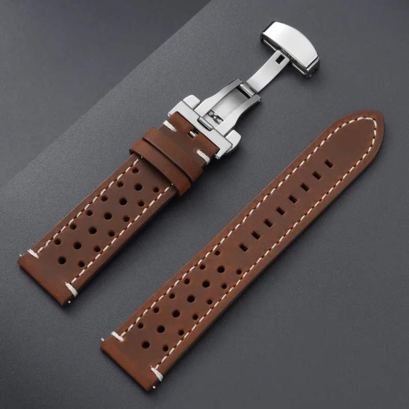 Vintage handgefertigtes Leder-Uhrenarmband, 18/19/20/21/22/24 mm, atmungsaktives Schnellverschluss-Armband, Ersatzarmband mit Schmetterlingsverschluss