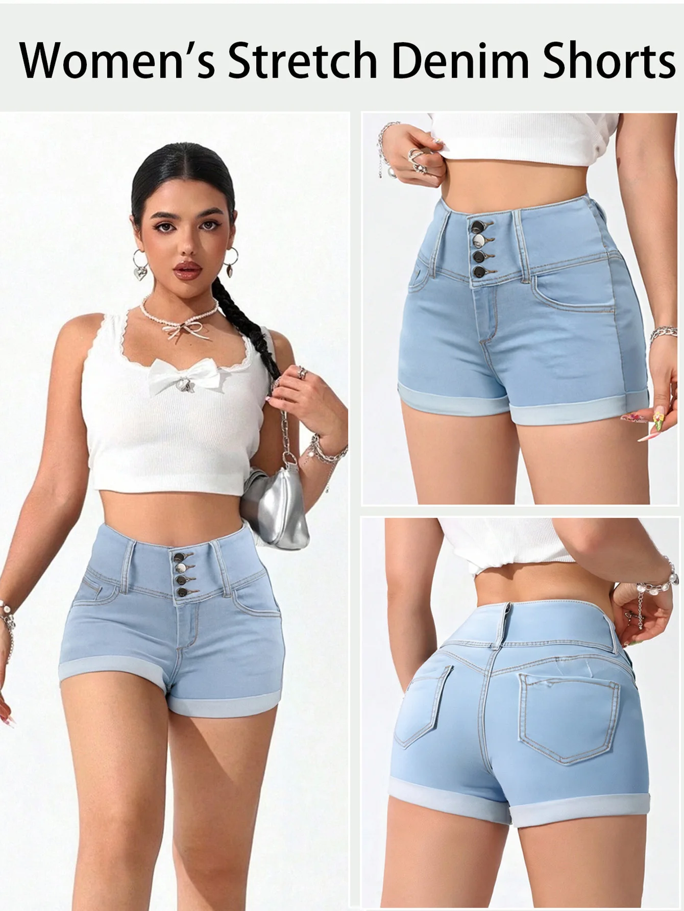 

Trendy Women's Light Blue Denim Shorts, High Waist with Stylish Button Fastening