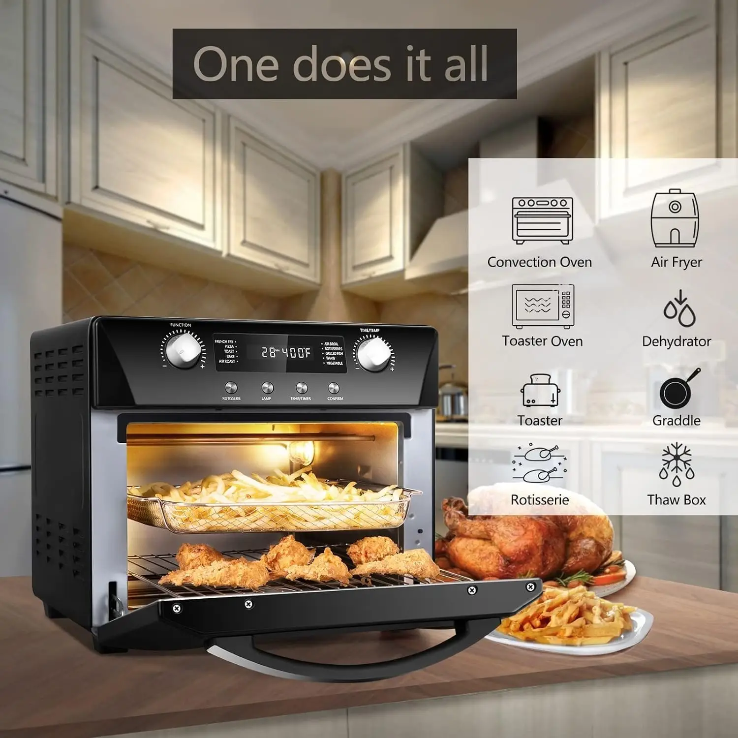 Lucht Friteuse Oven,10-In-1 Lucht Friteuse Broodrooster Oven Combo, 24qt Convectie Broodrooster Oven Aanrecht Met Rotisserie & Dehydrator