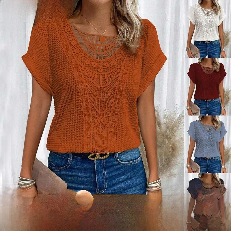 เสื้อยืดผู้หญิงสีพื้นพิมพ์ลายลูกไม้ต่อผ้าทรงตรงใส่สบายๆ ผ้าโพลีเอสเตอร์ เสื้อผ้าฤดูร้อน