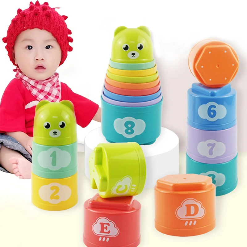 9pcs Spaß Regenbogen becher Stapel becher Figur Buchstaben Baby Kinder Lernspiel zeug Stapel turm Mini Bär Kinder Kleinkind Spielzeug