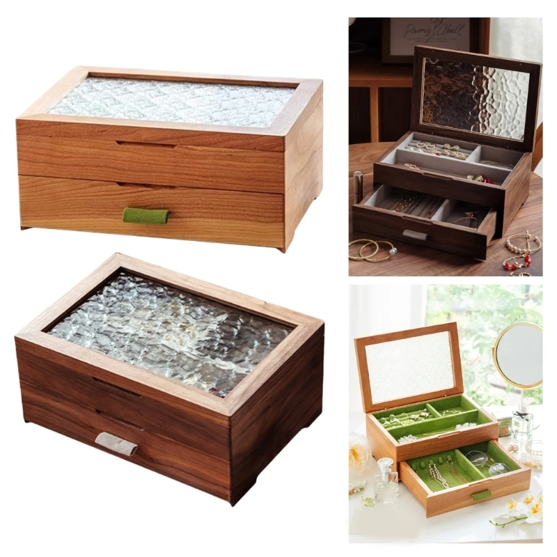 

Jewelry Storage Box with Glass Viewing Lid and Multiple Drawers Necklaces Rings Display Case Accessories Holder