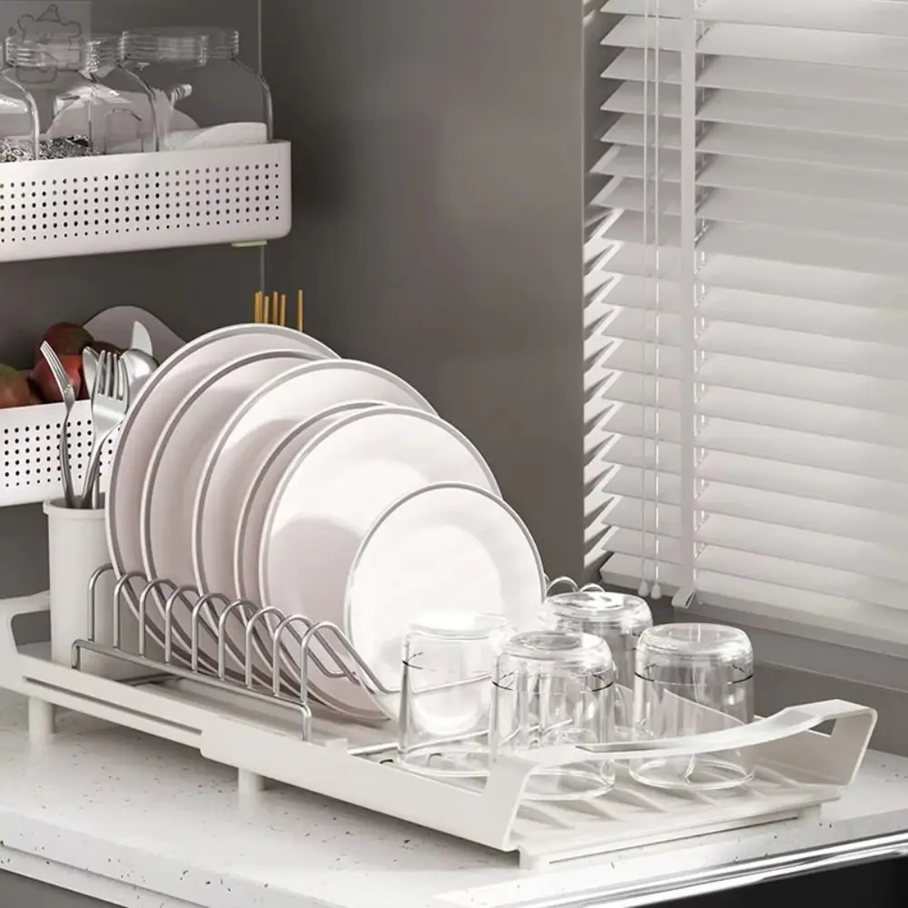 

Extendable Dish Drying Rack Large Capacity Hollow Design Draining Tray Space Saving Dinnerware Organizer Utensil Storage Holder