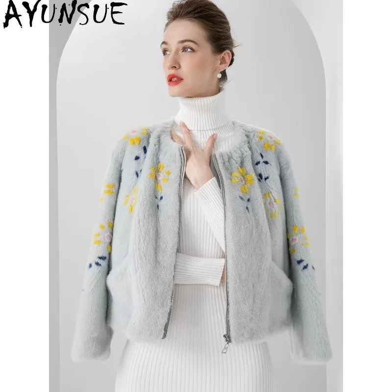 AYUNSUE, abrigos de piel de visón enteros con etiqueta púrpura para mujer, Chaqueta corta de piel, prendas de vestir exteriores de invierno, abrigo de piel elegante, ropa de mujer 옷 자