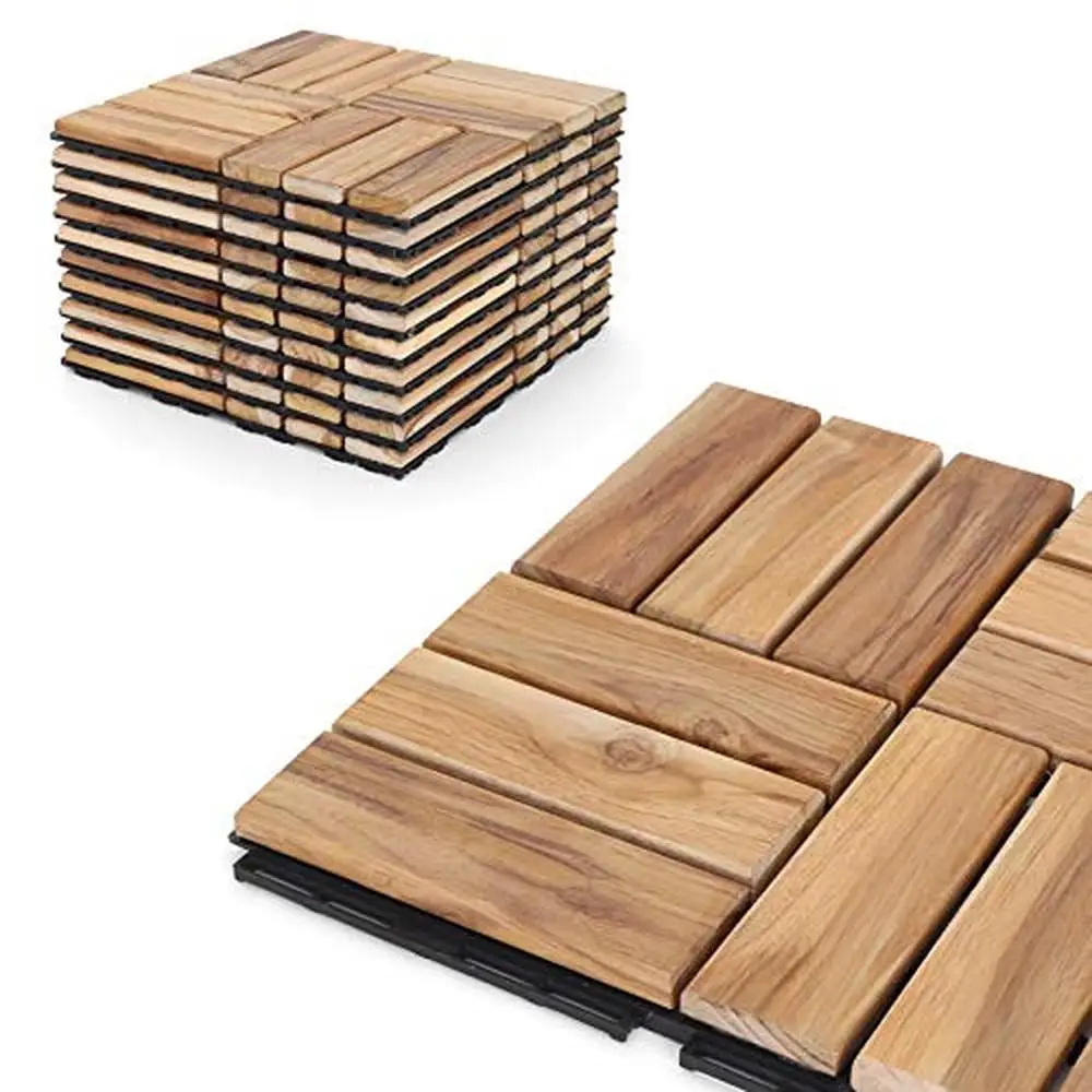 Teak Wood Interlocking Deck Tiles Outdoor Flooring Snap Lock Easy Install 12x12 Pavers 10 Pack Non Slip Durable Patio Flooring