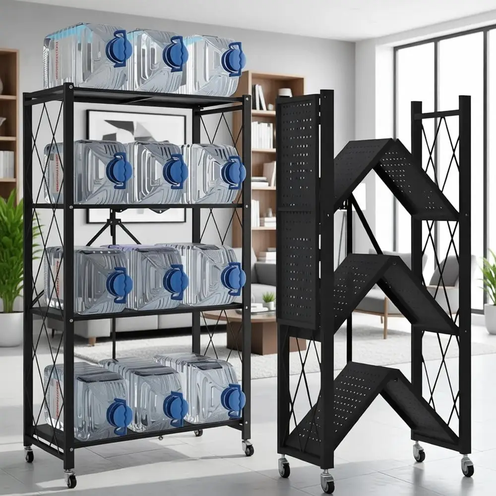 

Adjustable Metal Garage Shelves - 4-Tier Storage Organizer with Wheels for Kitchen, Closet, and Plants