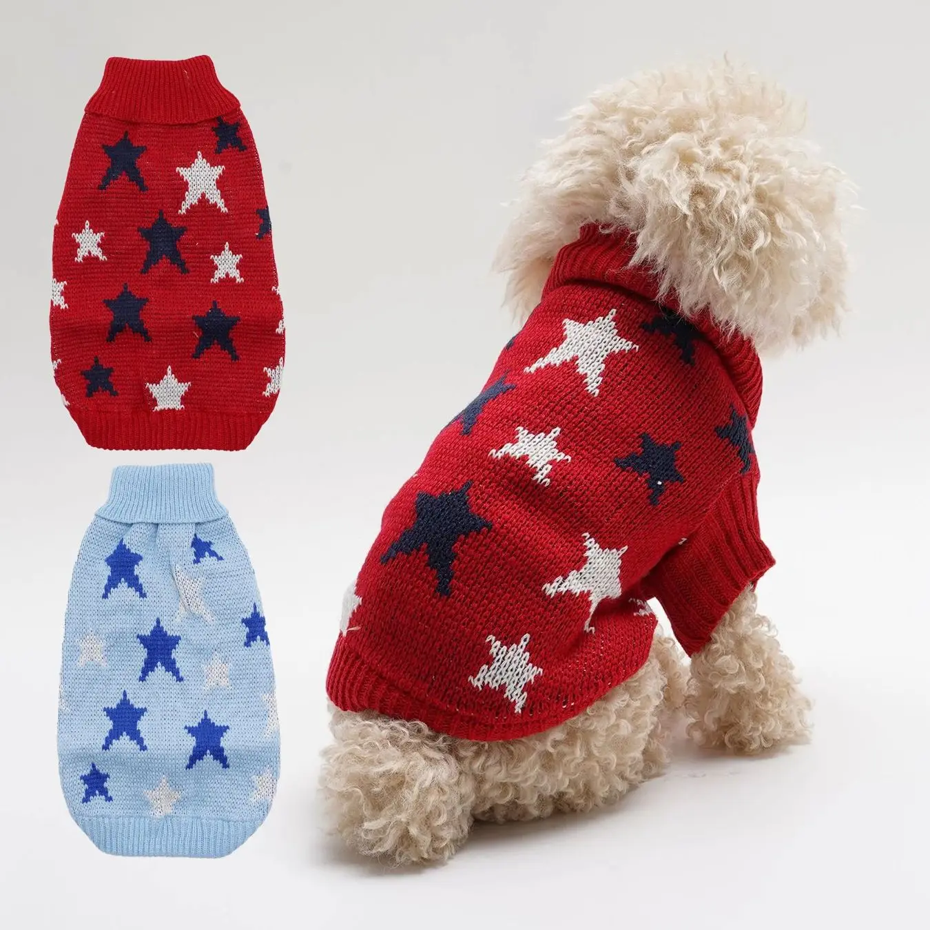 

2 Pack High-Neck Knitted Pet Clothes for Autumn Winter Star & Heart Pattern Warm Dog Sweaters for Small Dogs