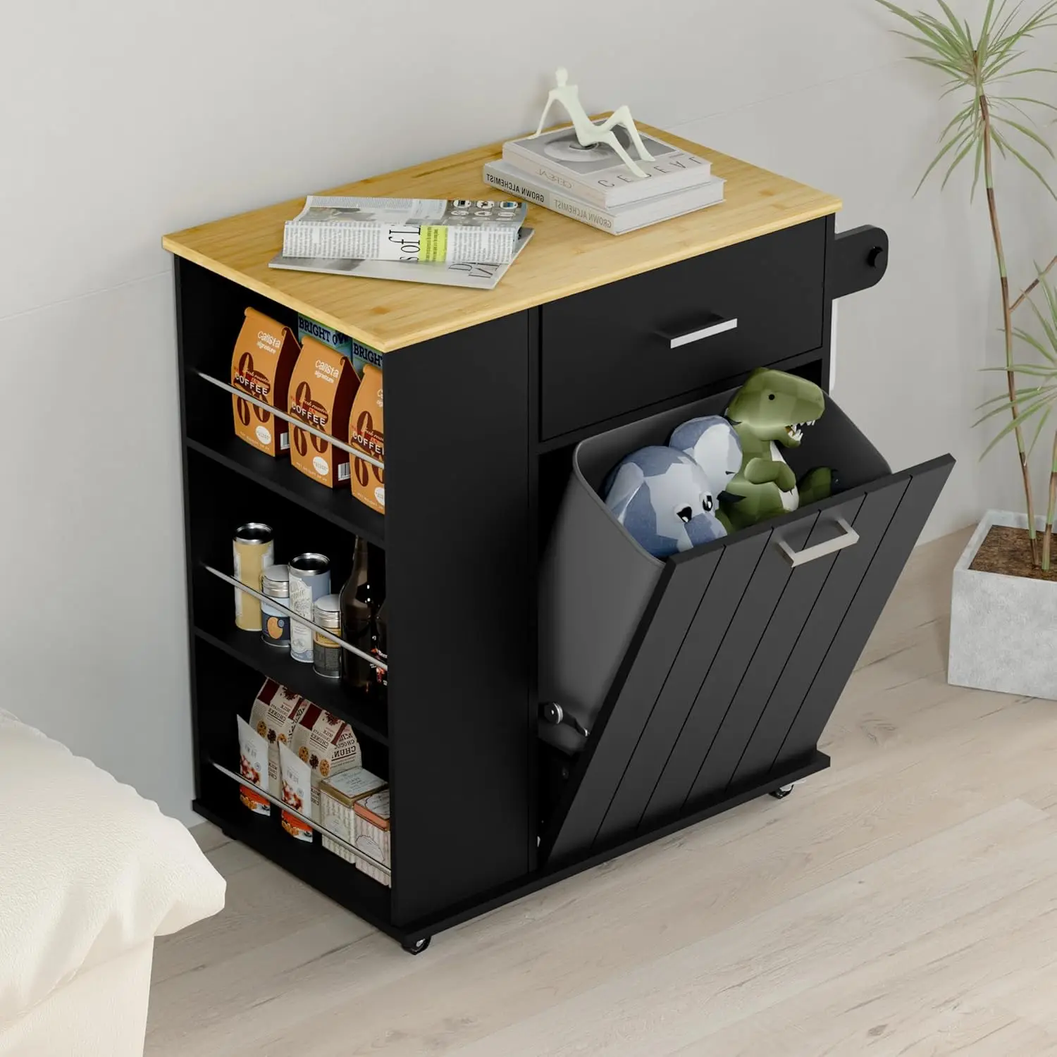 

Tilt Out Trash Cabinet with Spice Rack Multi-function Kitchen Island on Wheels Free Standing Laundry Storage Trolley Cart