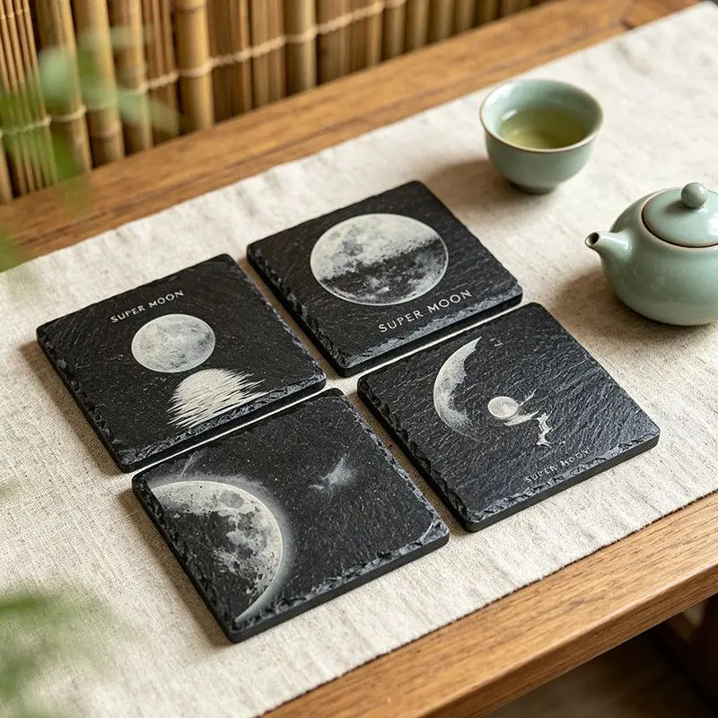 Natural Slate Moon Coasters Laser Engraved Celestial Supermoon Stone Drink Coaster Set for Coffee Cup Heat Resistant Home Decor