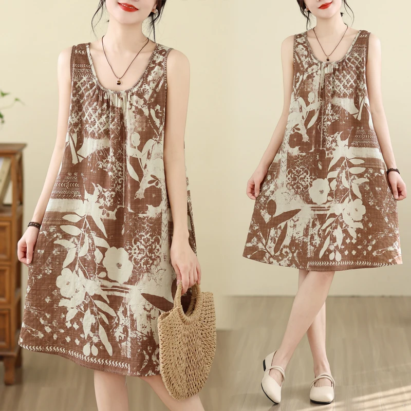 

Летнее хлопково-льняное платье А-силуэта без рукавов с круглым вырезом и цветочным принтом, свободного кроя, в художественном стиле, для прогулок по городу