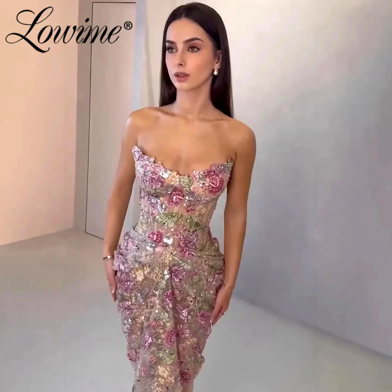 

2026 Pink Floral Strapless Sequined Mermaid Evening Dress Arabic For Formal Wedding Party Guest Dresses Customized Party Gowns