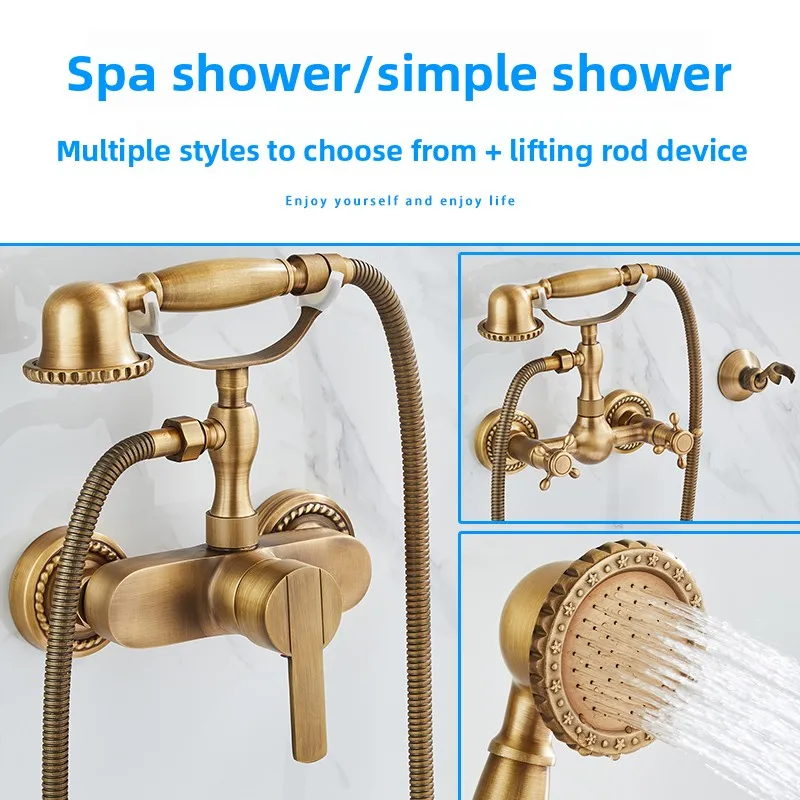 Brass antique simple shower shower set retro shower nozzle household antique bathtub hot and cold faucet view 4