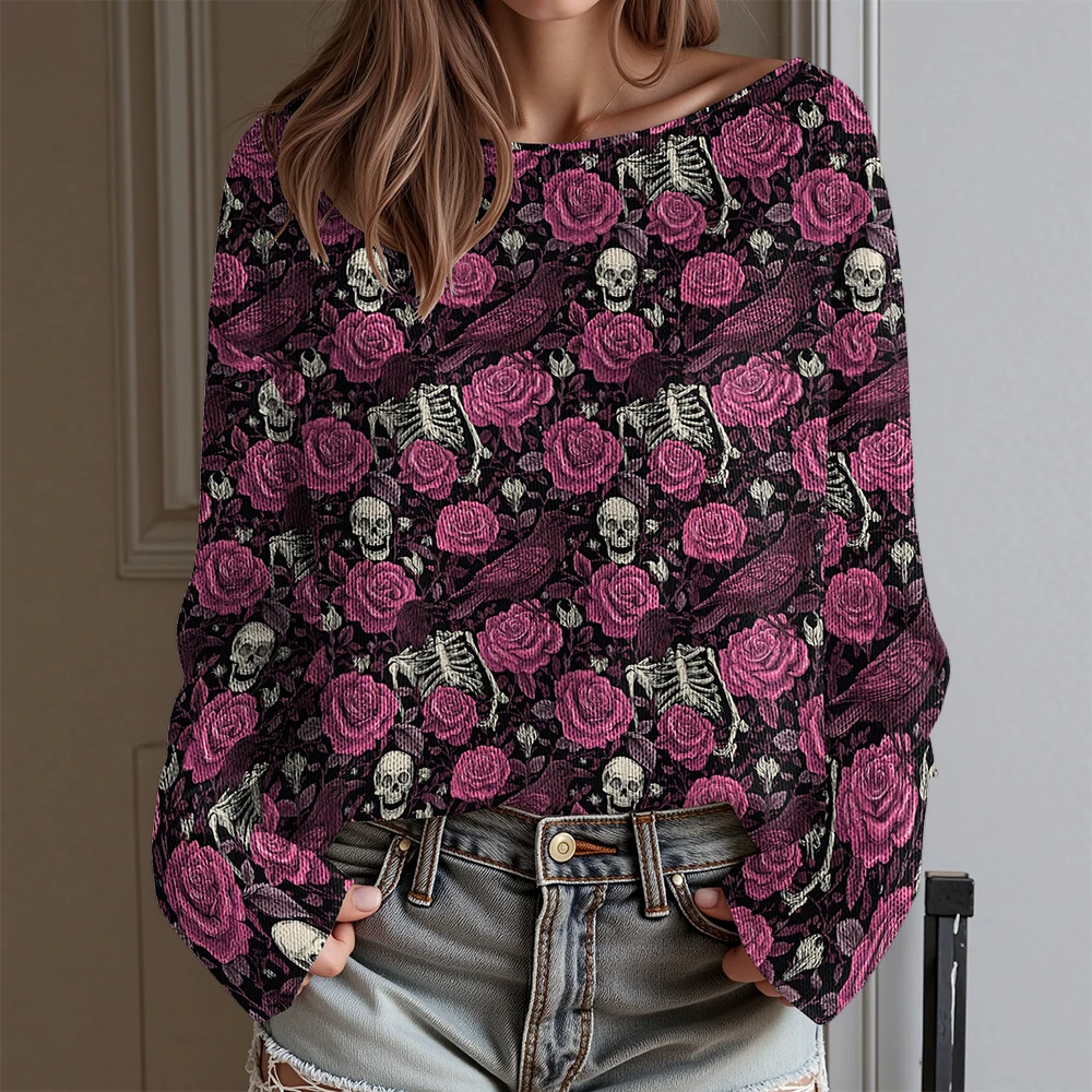 Kolorowa koszulka damska z odkrytymi ramionami i długim rękawem z nadrukiem czaszki i róży, jesienno-zimowa moda streetwear, seksowna bluza punkowa na Halloween.