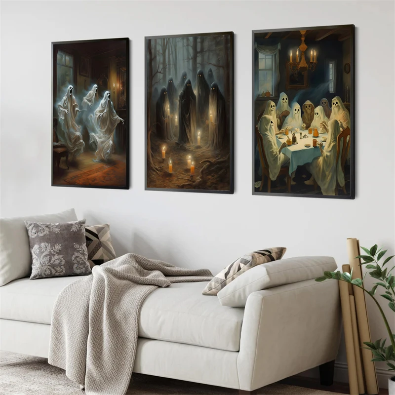 Ghost with Candles flowers in the Forest Dinner Halloween Ghost Portrait Dark Academia Gothic Art Home Wall Decor Sofa Painting