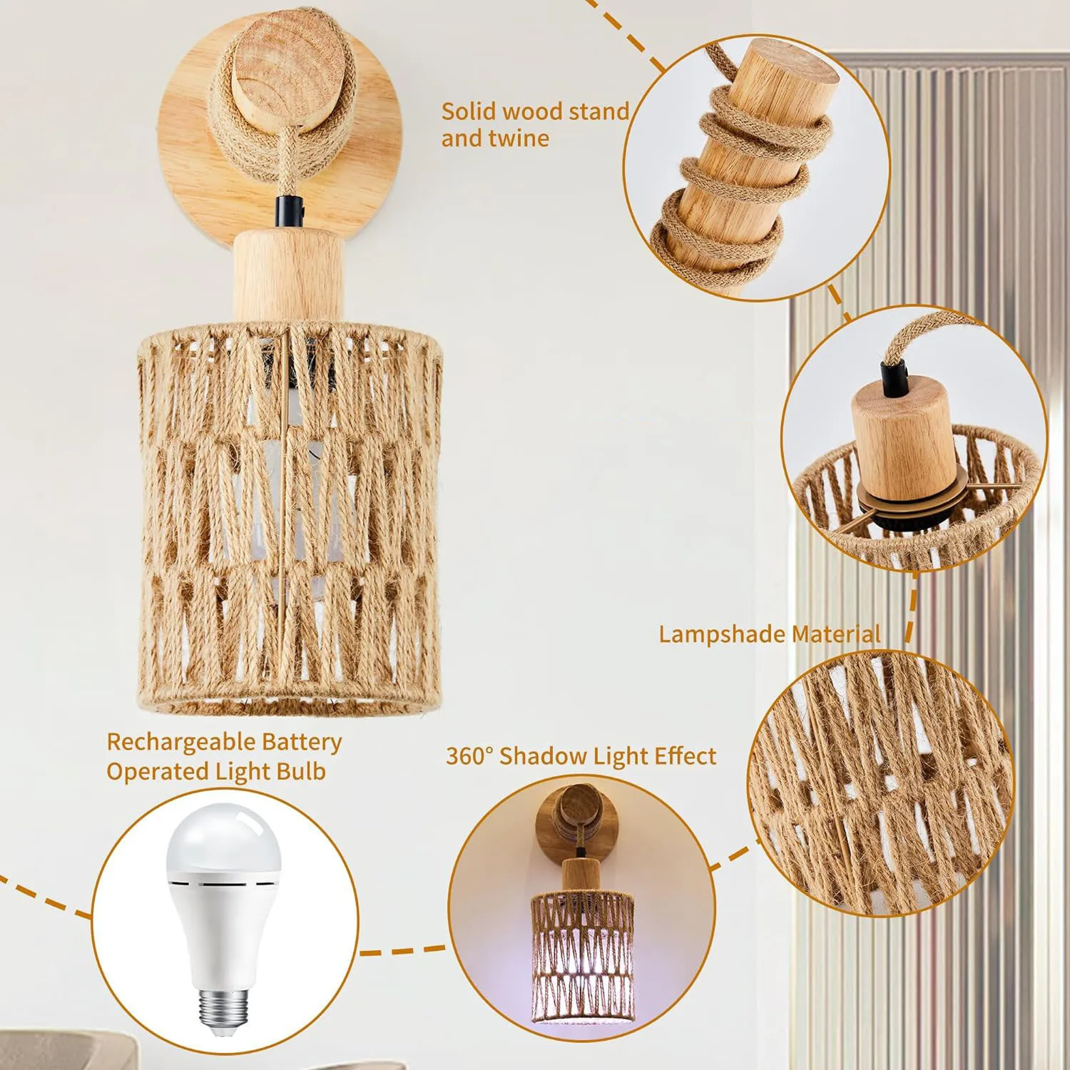 Easy Install Rattan Wall Sconces Wall Lights with Dimmable Boho Wall Mount Light Fixtures Wicker Wall lamp for Bedroom Nursery