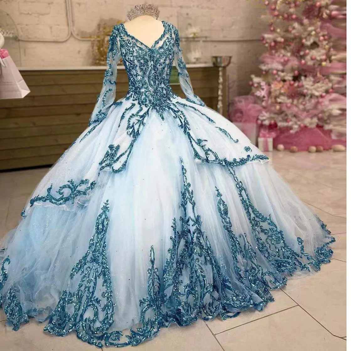 Vestidos De quinceañera azul claro para niña dulce apliques De manga larga vestido De fiesta De princesa De tul Vestidos De 15 Años personalizados