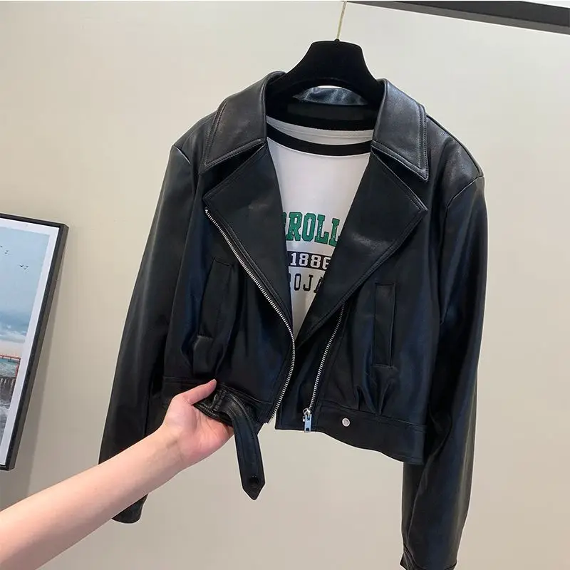 Chaqueta de cuero para motocicleta para mujer, ropa de calle y cremallera con cordones, abrigo de cuero Harajuku de manga larga, Tops cortos, prendas de vestir exteriores elegantes coreanas