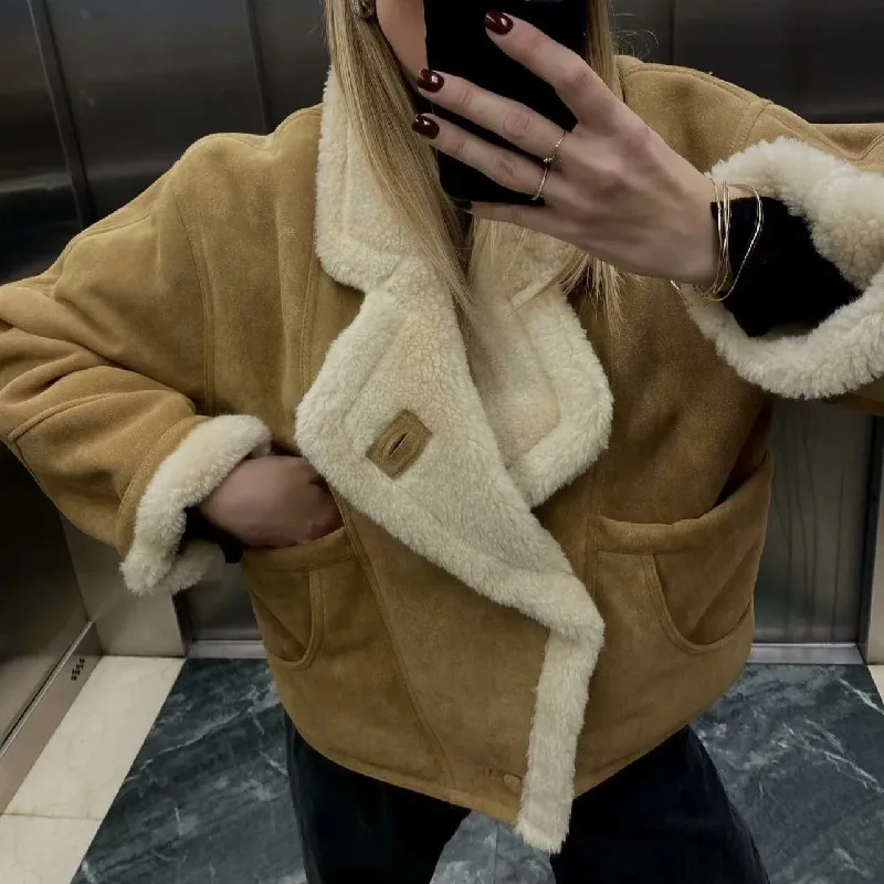 2023 Women Lapel Long sleeve Furry Single-breasted Buttons Warm Jacket Loose Outerwear Winter Vintage Suede Lamb Fur Coat