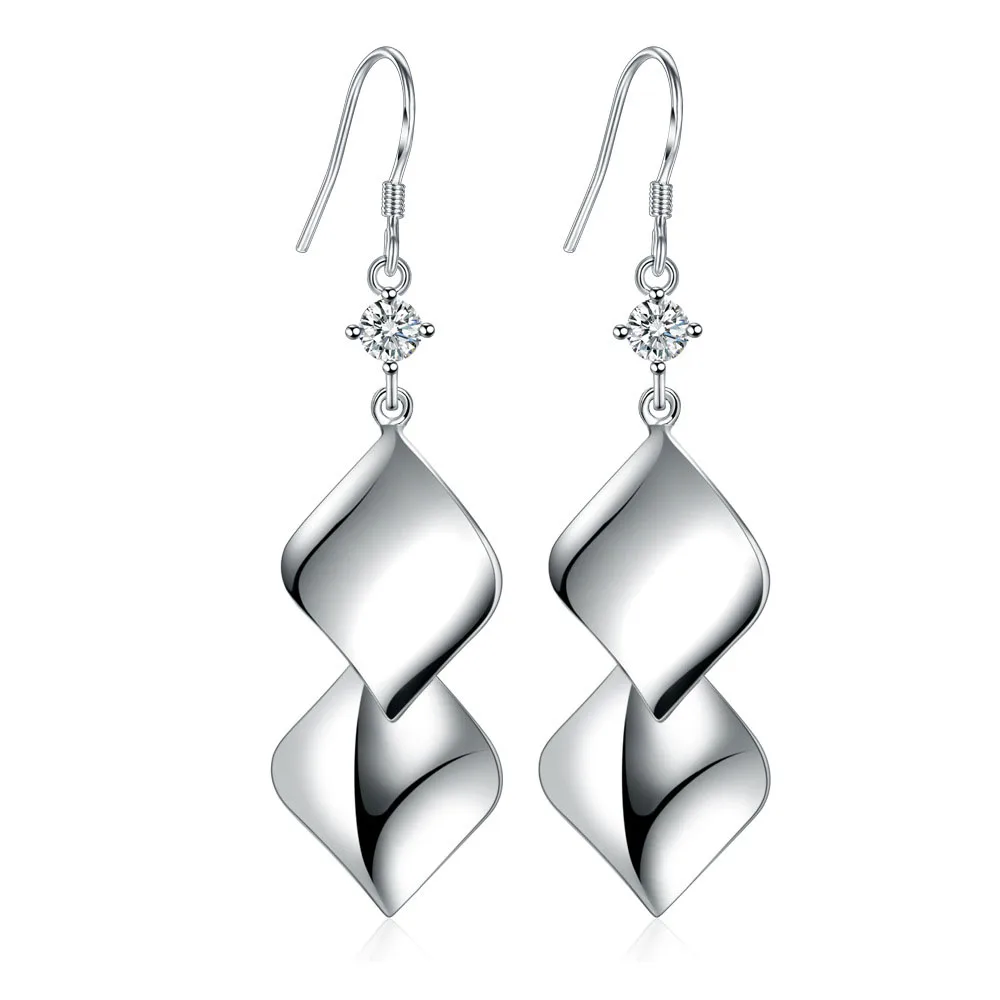 New Bohemian Ethnic Style Double Rhombus Leaf Blade Zircon Drop Earrings 925 Sterling Silver Women Jewelry Glitter Ear Dangle