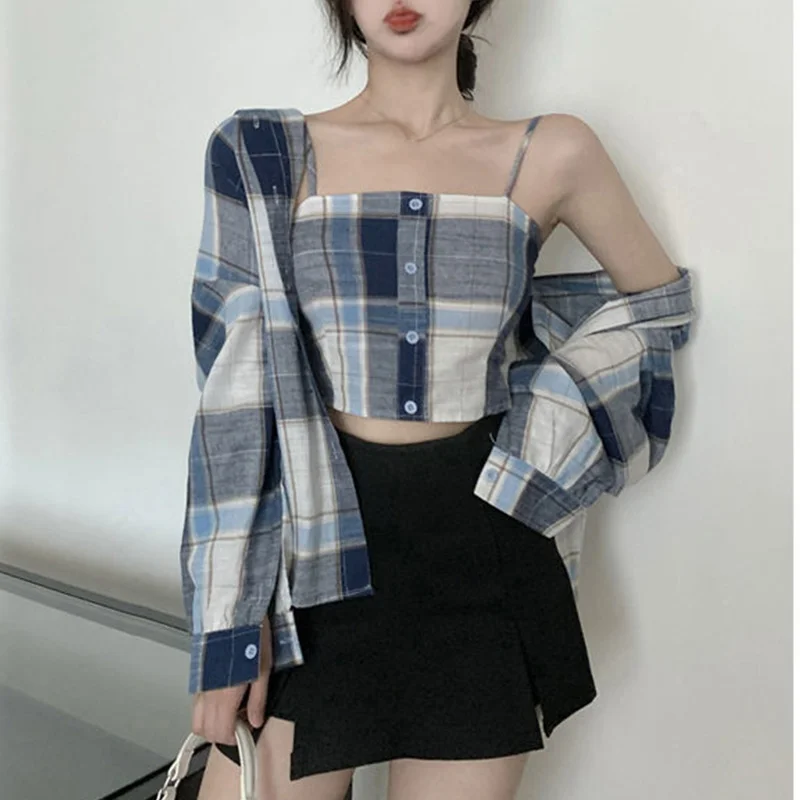 

Spring Simplicity Plaid Turn-down Collar Long Sleeve Blouse Women Clothes Casual Buttons Slim Sling T-Shirt Two-piece Dress Tops