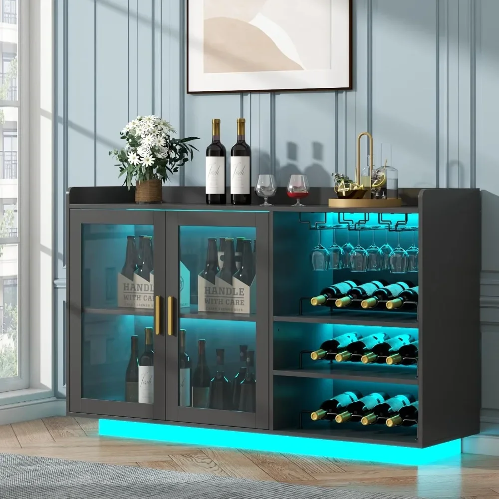 

Wine Bar Cabinet with LED Lights, Floating Coffee Bar with Glass Rack and Removable Wine Racks, Modern Buffet Sideboard