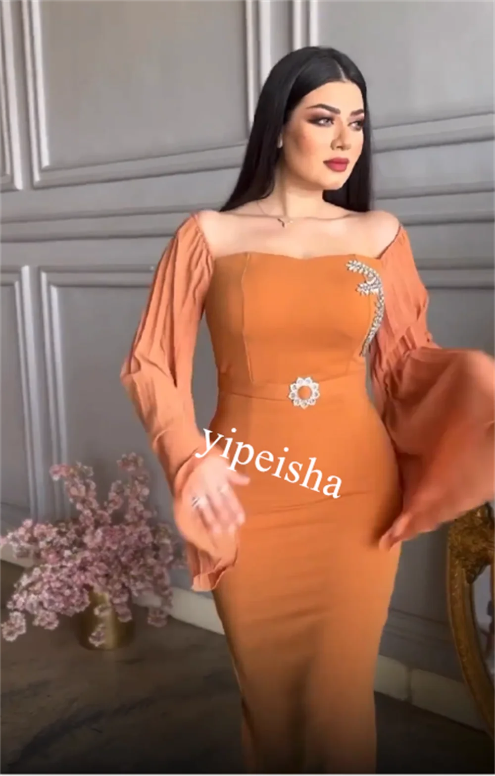 Customized  Evening Jersey Rhinestone Formal  Sheath Poretrait Bespoke Occasion Gown Midi Dresses  Arabia  