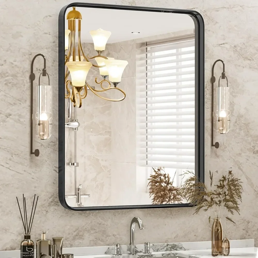 

Black Metal Framed Vanity Rounded Rectangle Bathroom Mirrors for Over Sink Wall, 36x24 Inch Large Matte Mirror,Modern Decorative