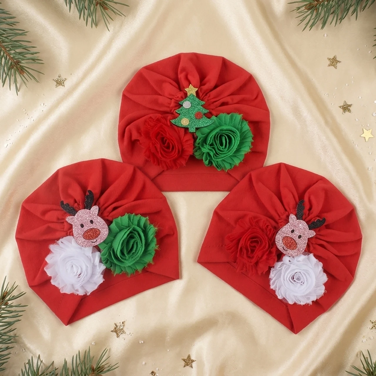 0-3Year Newborn Christmas Turban Cap Santa Claus Gift Box Flower Decorative Baby Headscarf Hat Boy Girl Elastic Beanies Bonnet