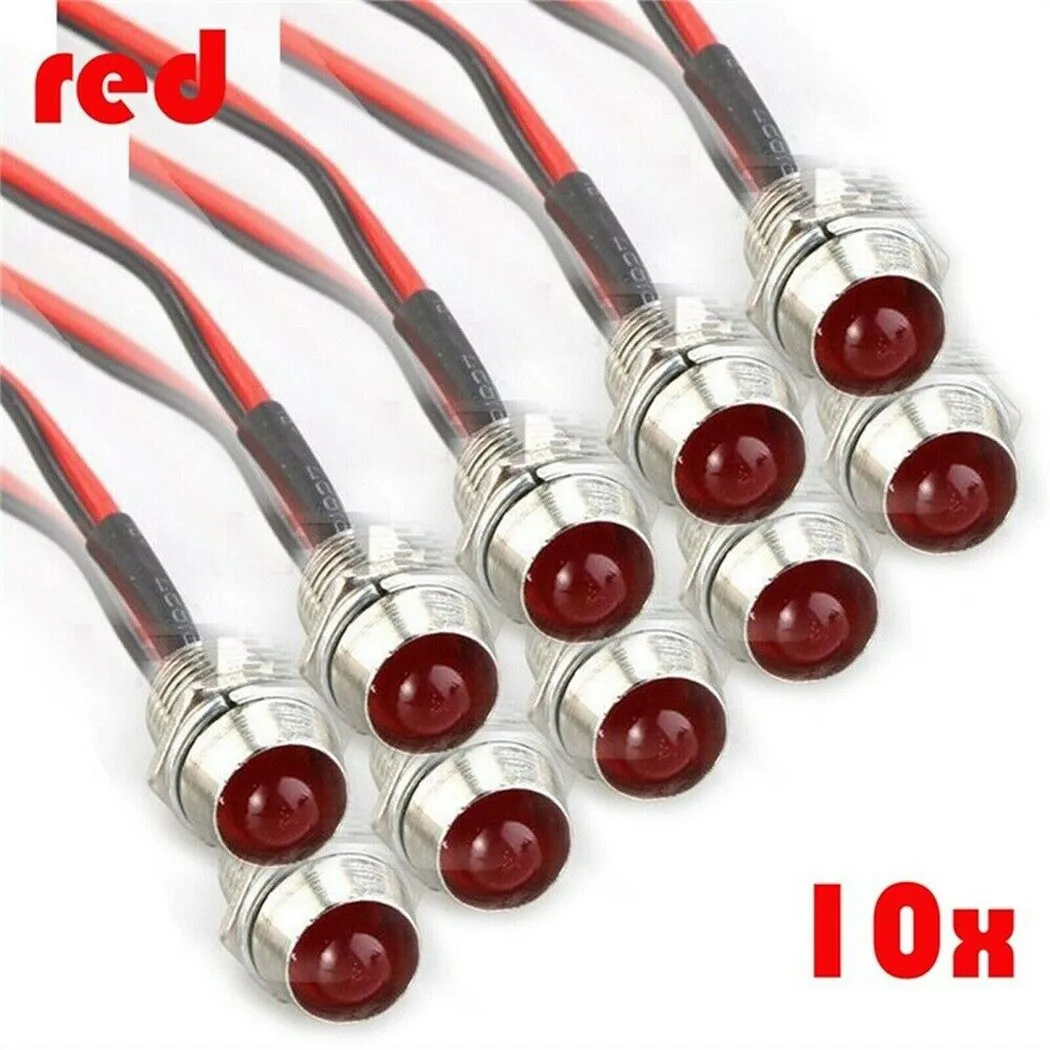 10pcs Red 8mm 12V LED Indicator Lamps Warn Lights Pilot Dash Panel Car Truck Boat Parts LED Indicator Lights Bulb Accessories