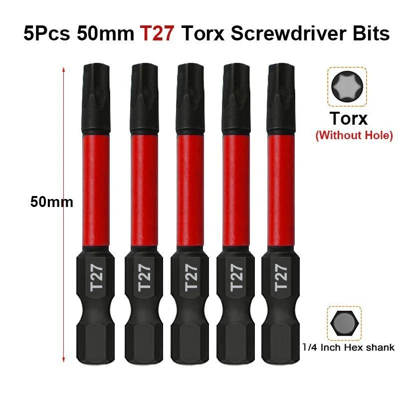 5Pcs Torx Screwdriver Bits 1/4 Inch Hex Shank 50mm T20 T25 T27 T30 Magnetic Torx Bit Set