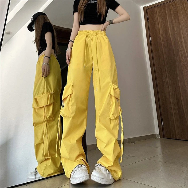 Streetwear Y2K Women Cargo Pant American Hip Hop Loose Casual Trousers High Waist Big Pockets Lace Up Fashion Yellow Pants