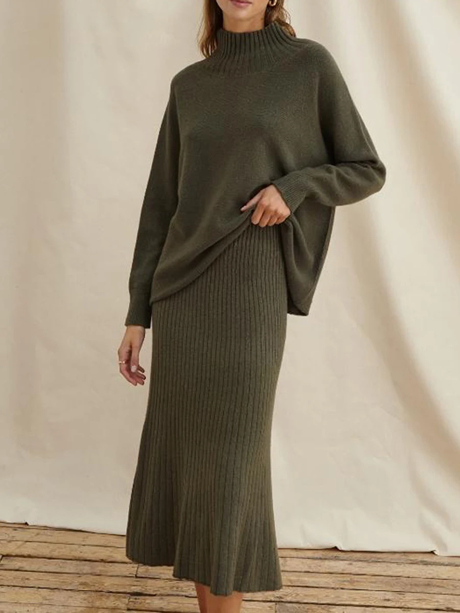 

Knit Sweater Skirt 2 Piece Set for Women Long Sleeve Turtleneck Sweater Top Bodycon Maxi Skirt Outfits Matching Set