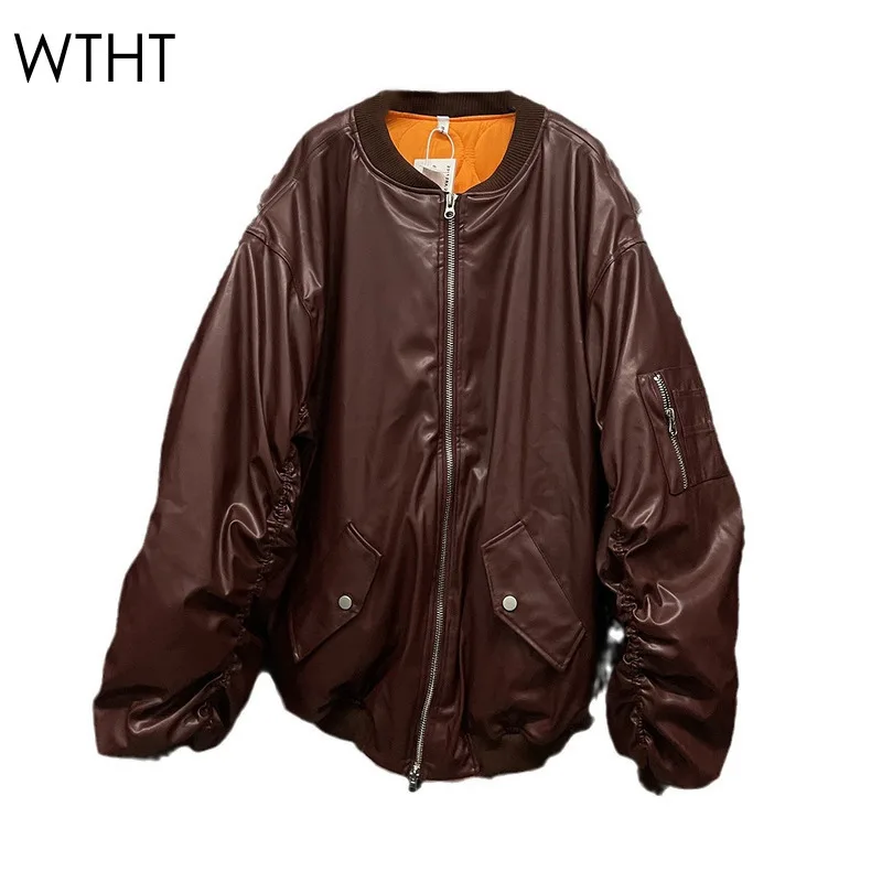 WTHT 2024 Herfst Trendy vrouwen PU Leer Warme Jas O-hals Lange Mouwen Rits Losse Katoenen Jas Vrouwelijke Mode 1LS218