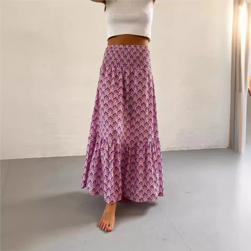 Plant Flower Printed Midi Skirt For Women 2024 New Product With Pleated A-line Arrangement Elegant Midi Skirt For Vacation Style