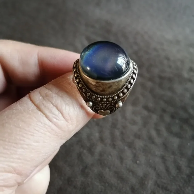 Boho Ethnic Statement Ring Vintage Tibetan Silver Style Blue Cat Eye Round Cabochon Ornate Beaded Frame Ring 4
